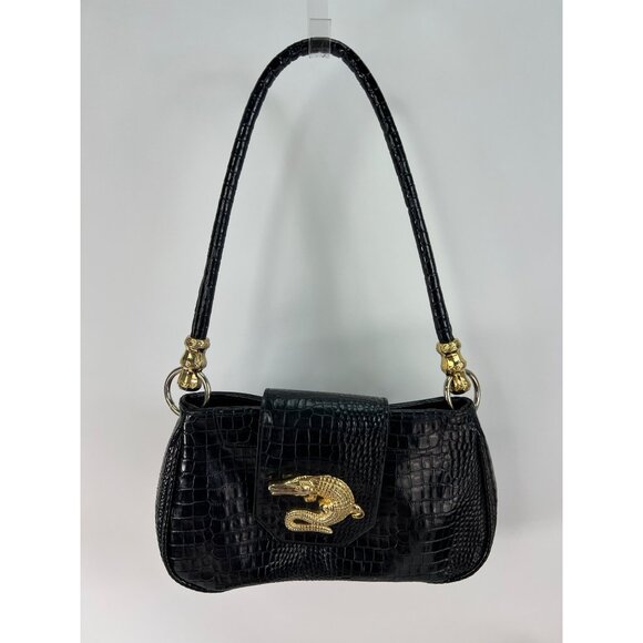 Black Croc Embossed Shoulder Bag With Gold Alligator Detail By Bueno - Picture 1 of 11